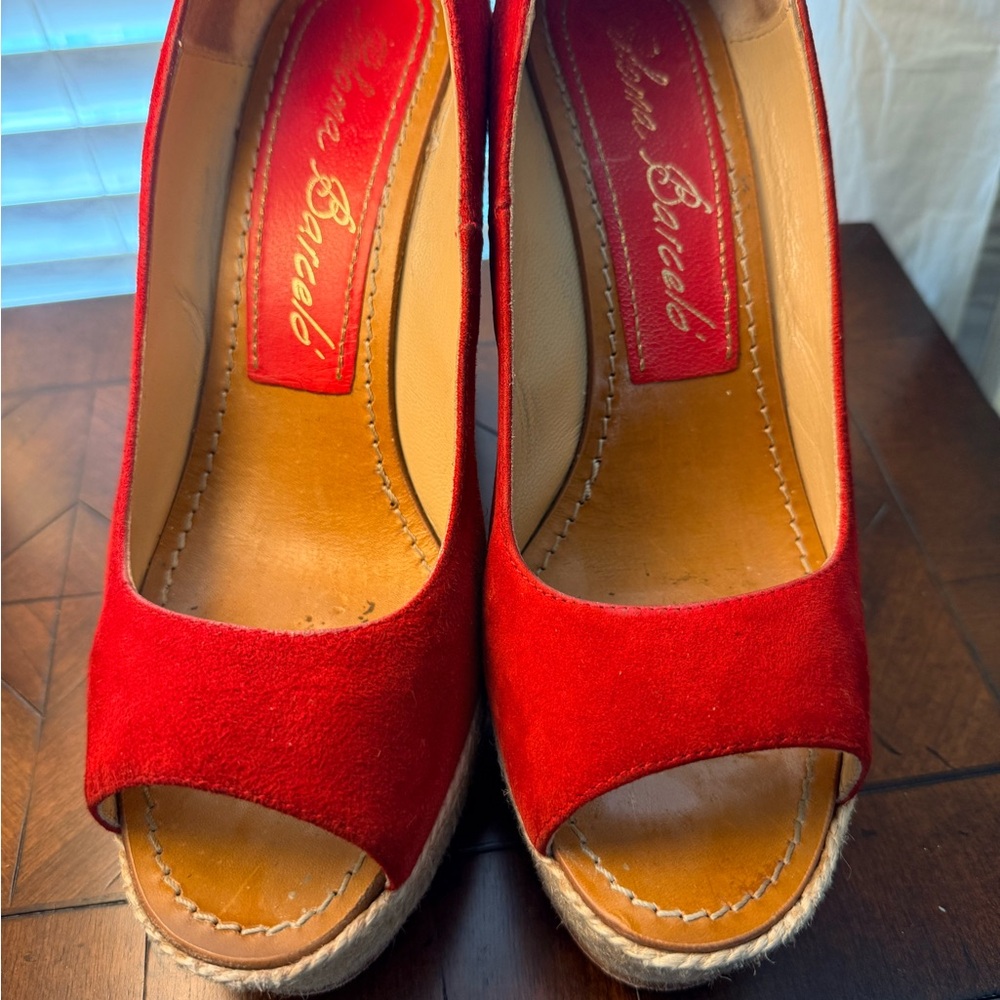 Paloma Barcelo Red Suede Espadrille Peep Toe Wedges